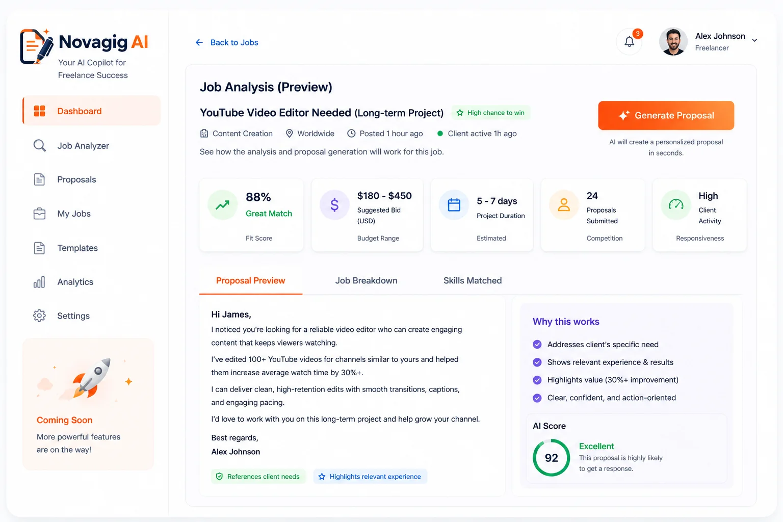 Novagig AI dashboard showing AI proposal generation and job-fit analysis for freelancers